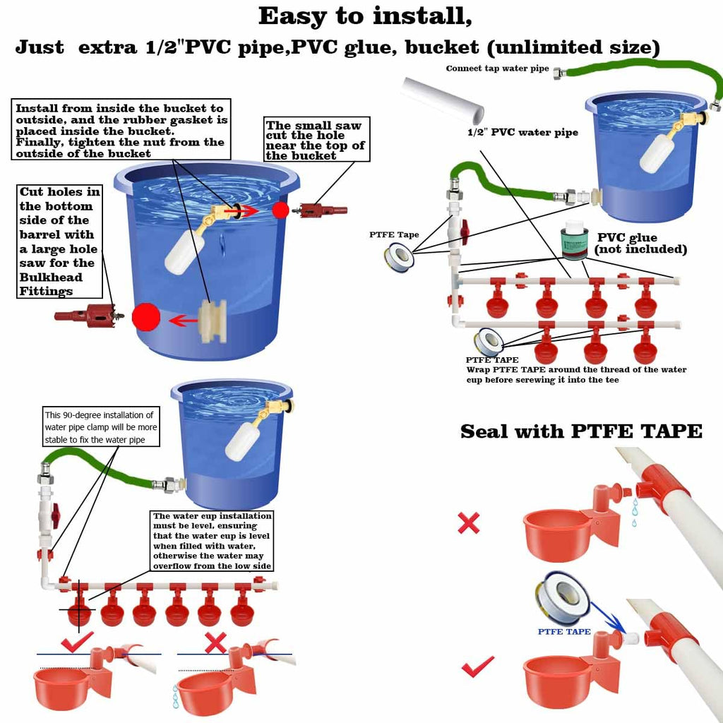 Yunnyp Complete Set Pipeline Automatic Chicken Waterer System(58 Accessories Included)Chicken Water Cups, Chicken Waters,Poultry Waterer,Chicken Watering System,with PVC Pipeline,Float Valve and Hose