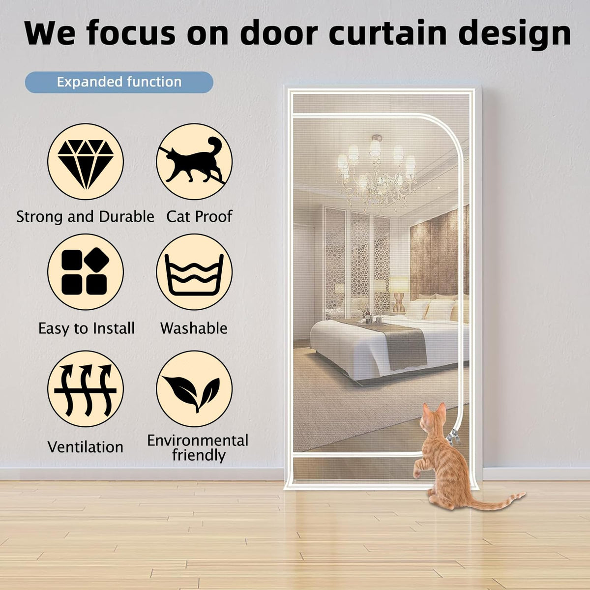 Yunnyp Reinforced Cat Screen Door, 33”X82” Cat Resistant Scratch Proof Mesh Screen Door with Zipper for Living Room,Kitchen,Bedroom, Living Room,Patio Door