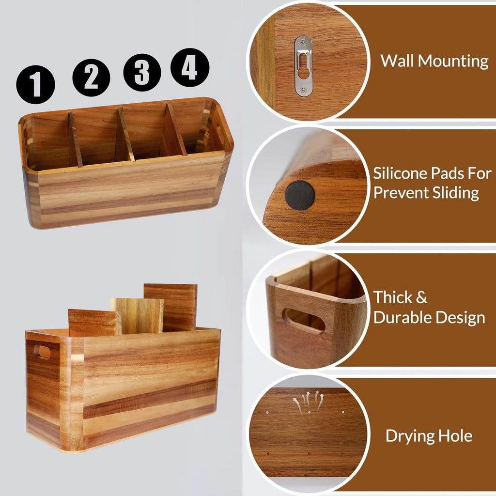 Yunnyp Wooden Utensil Holder for Counter or Countertop, Large Wooden Utensil Holder for Storage Cooking and Silverware with 4 Compartment, Acacia Rustic Wood Container Extra Large