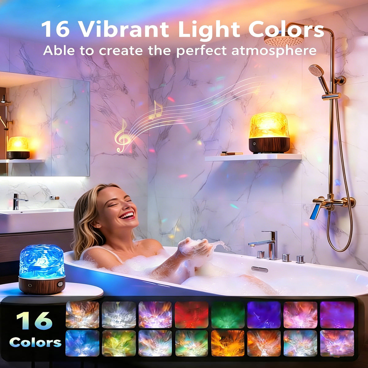 Yunnyp Shower Lamp with Bluetooth Speaker, Waterproof Shower Lamp, 16 Colors Ocean Wave Projector Light with Remote & Touch Control, Music Lamps for Inside Shower Bathroom Bathtub, Walnut color