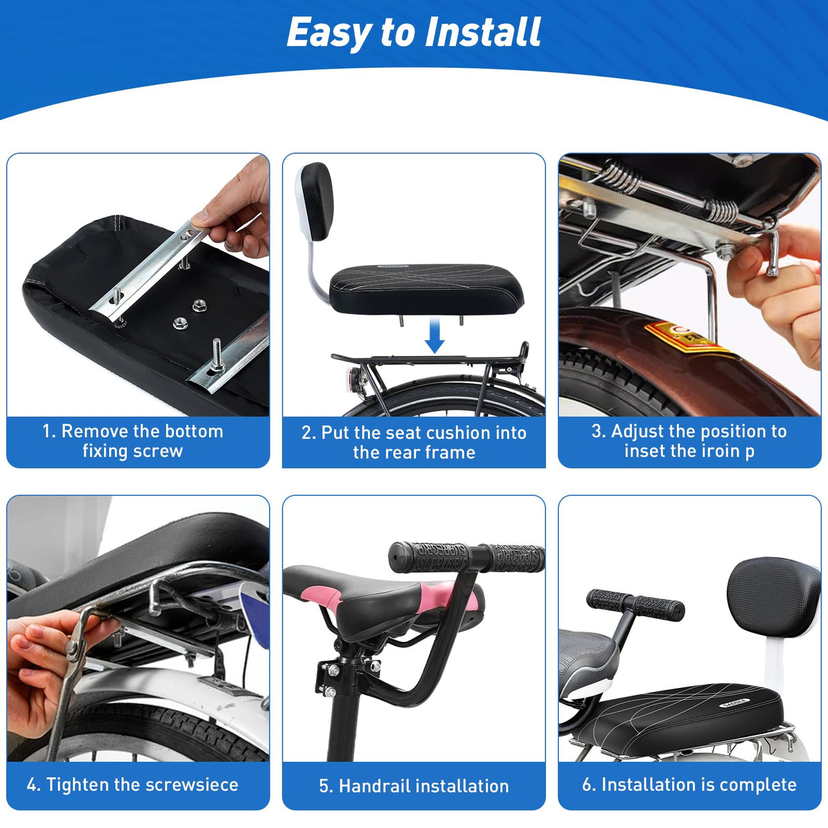 Yunnyp Bike Rear Seat Kit for Adults, Safety Carrier Bicycle Seat, Including Cushion and Backrest, Armrest Handrail, Footrests, Bell, Rear Bicycle Seat