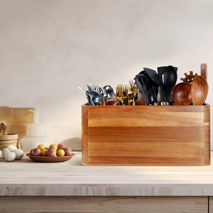 Yunnyp Wooden Utensil Holder for Counter or Countertop, Large Wooden Utensil Holder for Storage Cooking and Silverware with 4 Compartment, Acacia Rustic Wood Container Extra Large
