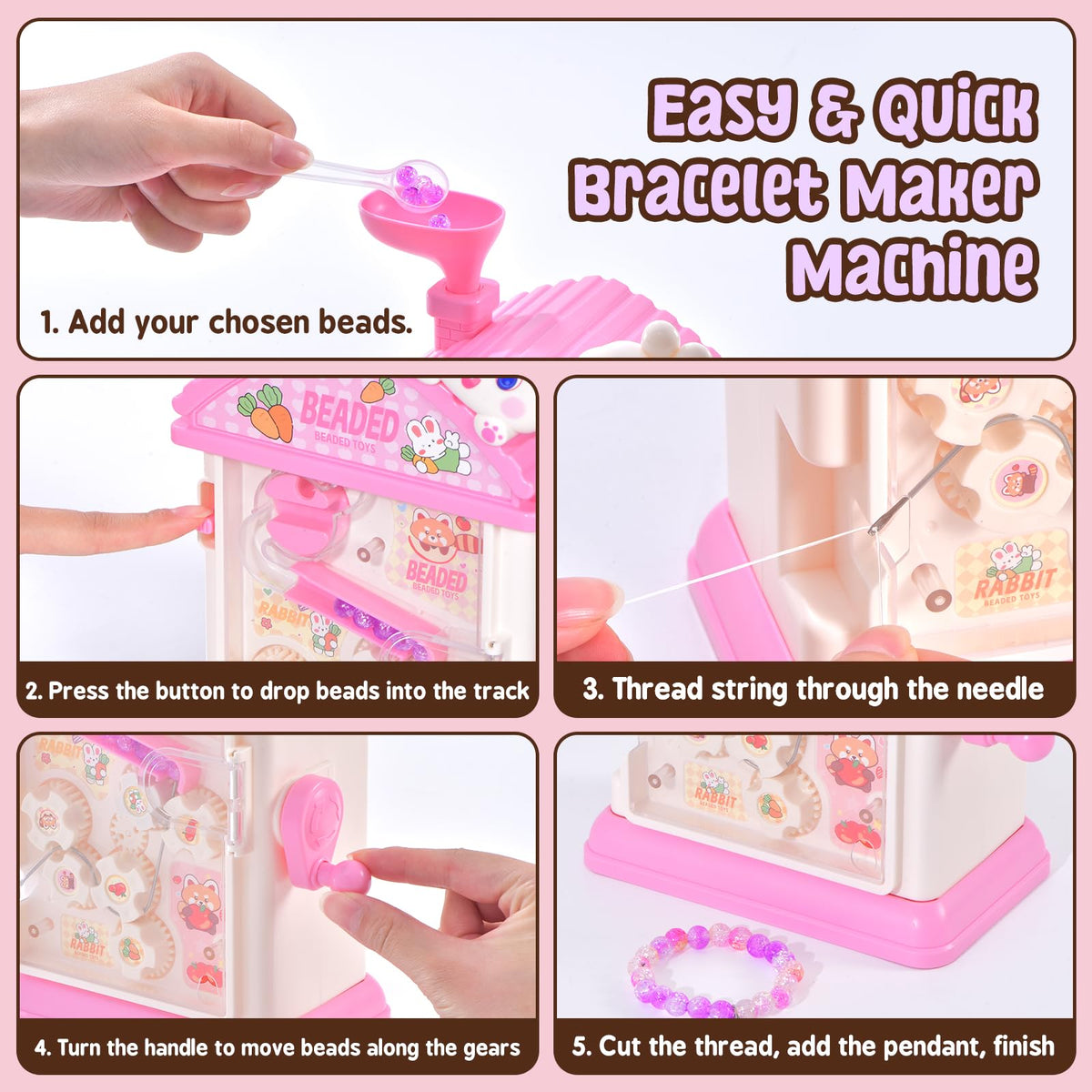 HechoVinen 2-in-1 Beads Bracelet Maker Machine & Hand-Crank Bunny Toys, Jewelry Making Kit with 400 Beads, Built-in Storage & Bead Recycler, DIY Friendship Bracelets for Girls 6-12 Birthday Xmas Gift
