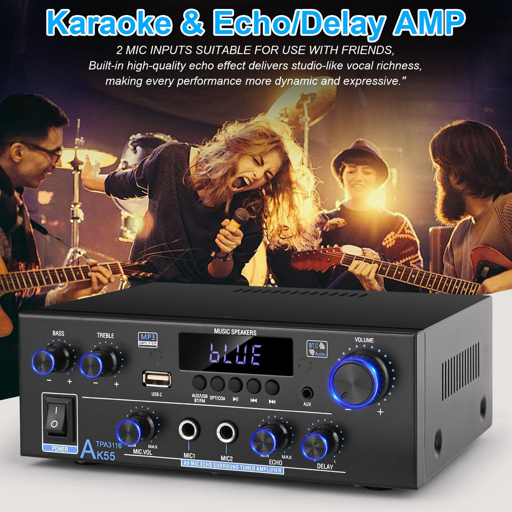 Yunnyp AK55 Stereo Audio Amplifier, 500W Home 2 Channel Bluetooth 5.0 Power Amp System with FM, Echo & Multiple Inputs, Amp for Passive Speakers and Active Subwoofer