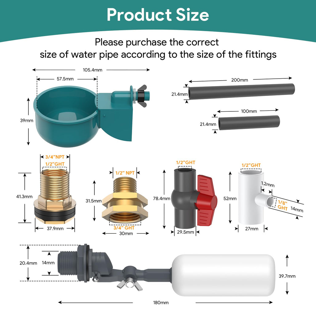 Yunnyp Complete Set Automatic Chicken Waterer System for Continuous Fresh Water, DIY Chicken Water Feeder with 9 Chicken Water Cups, 1/2" SCH.80 PVC Piping, Brass Pipe Fittings, Ball Valves