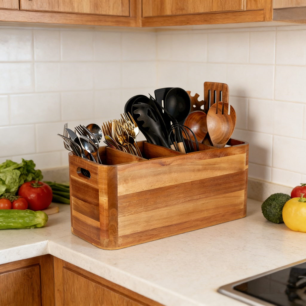 Yunnyp Wooden Utensil Holder for Counter or Countertop, Large Wooden Utensil Holder for Storage Cooking and Silverware with 4 Compartment, Acacia Rustic Wood Container Extra Large