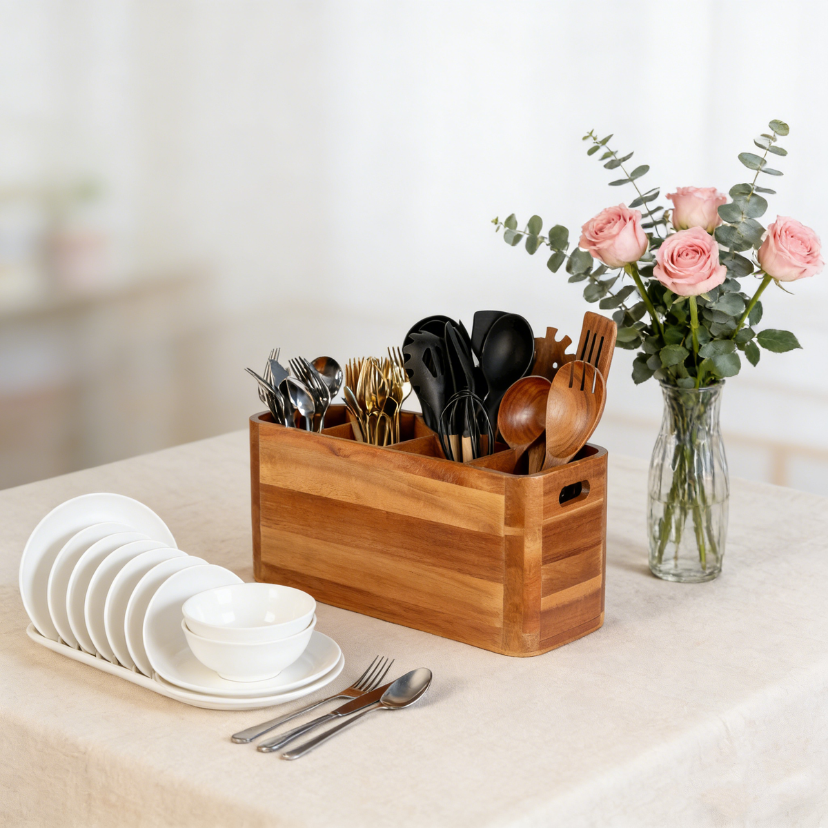 Yunnyp Wooden Utensil Holder for Counter or Countertop, Large Wooden Utensil Holder for Storage Cooking and Silverware with 4 Compartment, Acacia Rustic Wood Container Extra Large