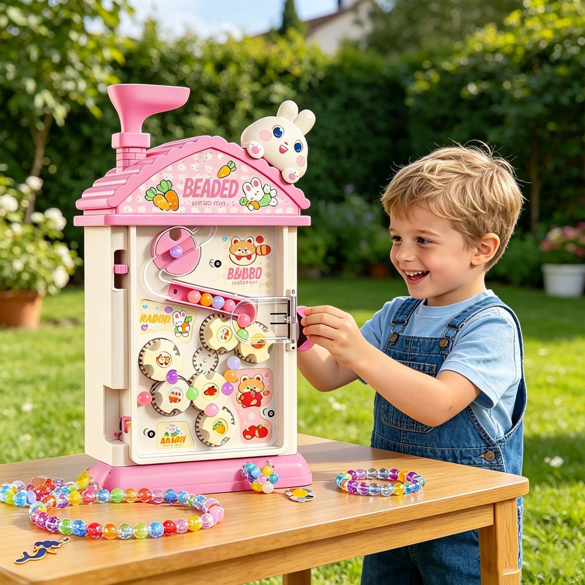 HechoVinen 2-in-1 Beads Bracelet Maker Machine & Hand-Crank Bunny Toys, Jewelry Making Kit with 400 Beads, Built-in Storage & Bead Recycler, DIY Friendship Bracelets for Girls 6-12 Birthday Xmas Gift