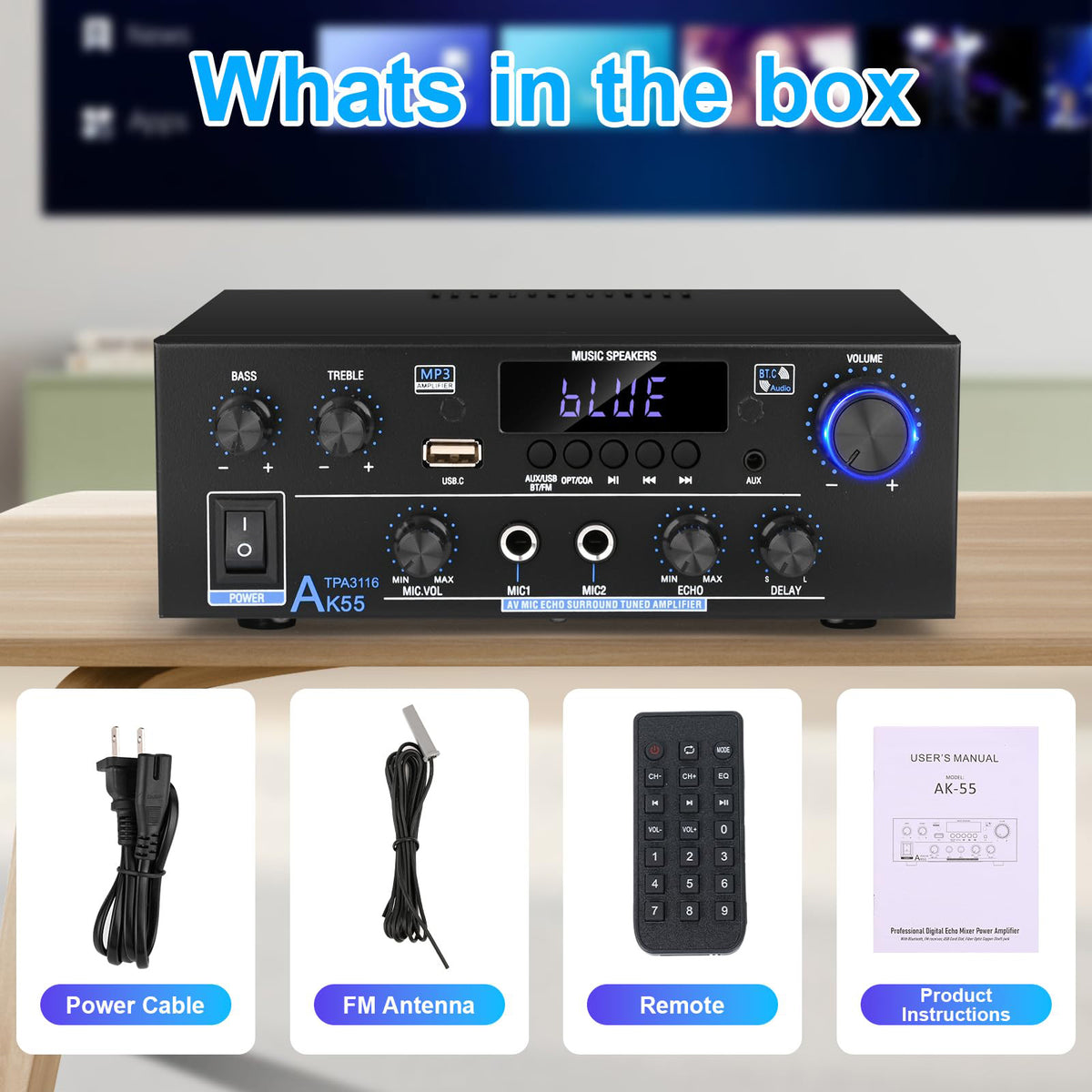 Yunnyp AK55 Stereo Audio Amplifier, 500W Home 2 Channel Bluetooth 5.0 Power Amp System with FM, Echo & Multiple Inputs, Amp for Passive Speakers and Active Subwoofer