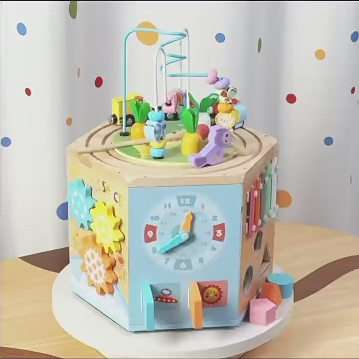 Petyoung Wooden Activity Cube, 14-in-1 Montessori Toy for 3+ Year Olds, Early Educational Baby Toddler Toy with Bead Maze