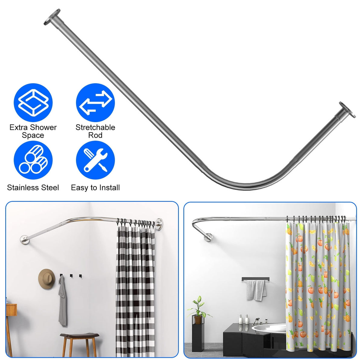 Yunnyp L-Shaped Shower Curtain Rod, Curved Shower Curtain Rod, Adjustable, Stainless Steel, No Drilling Adhesive Required, For Bathrooms, Tubs, Clothing Stores (27.5-37.4 in. X 27.5-37.4 in.)