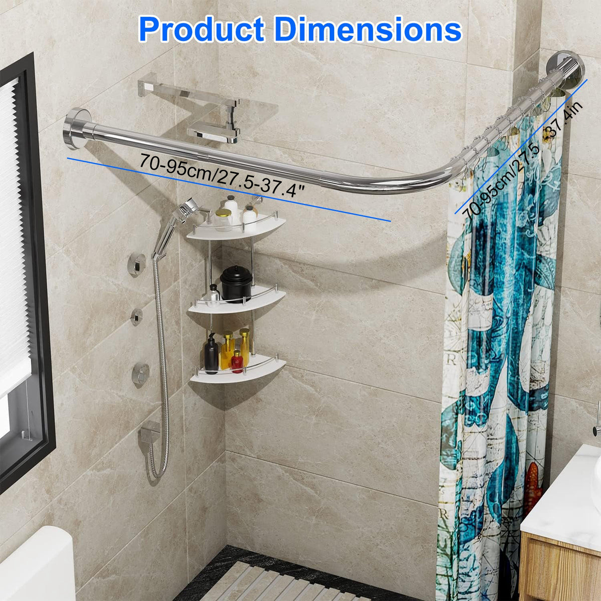 Yunnyp L-Shaped Shower Curtain Rod, Curved Shower Curtain Rod, Adjustable, Stainless Steel, No Drilling Adhesive Required, For Bathrooms, Tubs, Clothing Stores (27.5-37.4 in. X 27.5-37.4 in.)