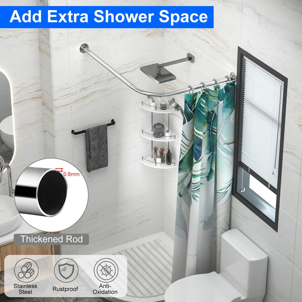 Yunnyp L-Shaped Shower Curtain Rod, Curved Shower Curtain Rod, Adjustable, Stainless Steel, No Drilling Adhesive Required, For Bathrooms, Tubs, Clothing Stores (27.5-37.4 in. X 27.5-37.4 in.)
