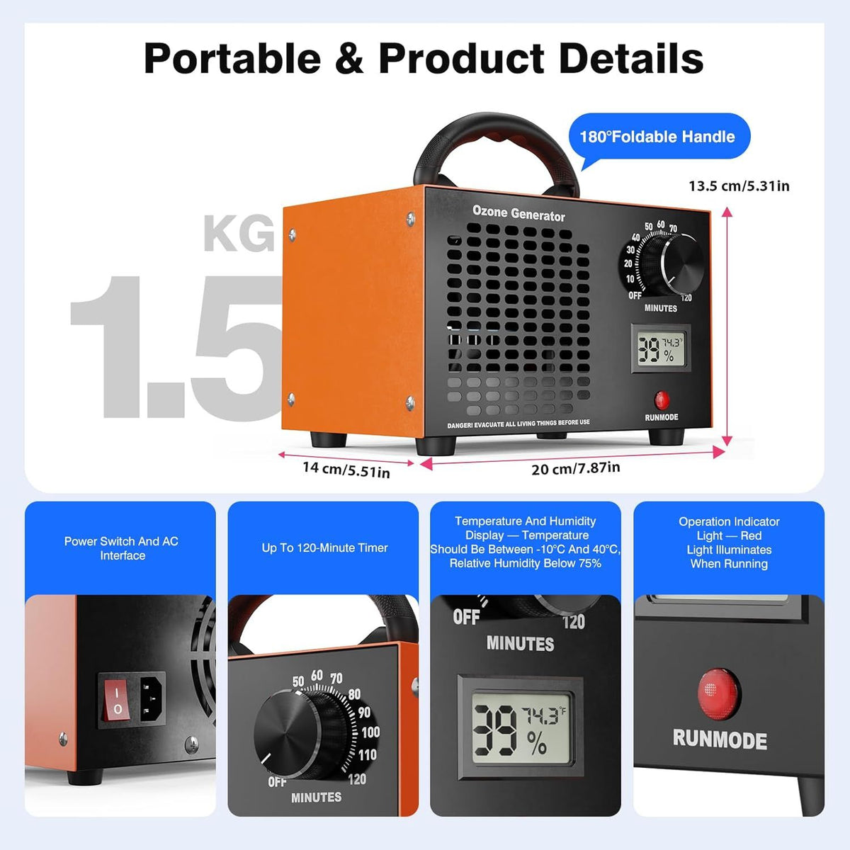 Yolispa Portable Ozone Generator 60,000mg/h Ozone Machine Air Purifier with 120 Min Timer Temp/Humidity Display, Odor Eliminator for Home Car Basement Pet Smoke Smell Removal,Orange