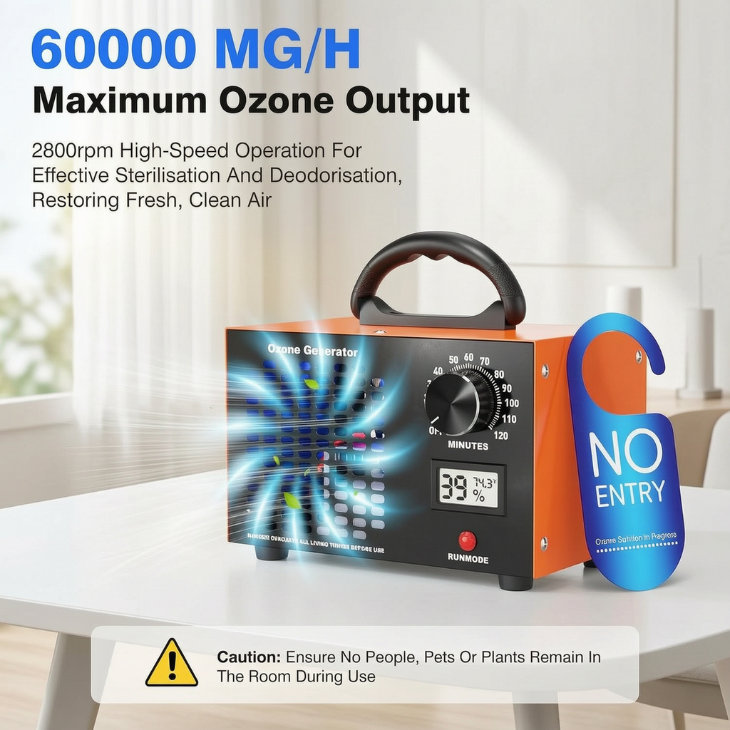 Yolispa Portable Ozone Generator 60,000mg/h Ozone Machine Air Purifier with 120 Min Timer Temp/Humidity Display, Odor Eliminator for Home Car Basement Pet Smoke Smell Removal,Orange