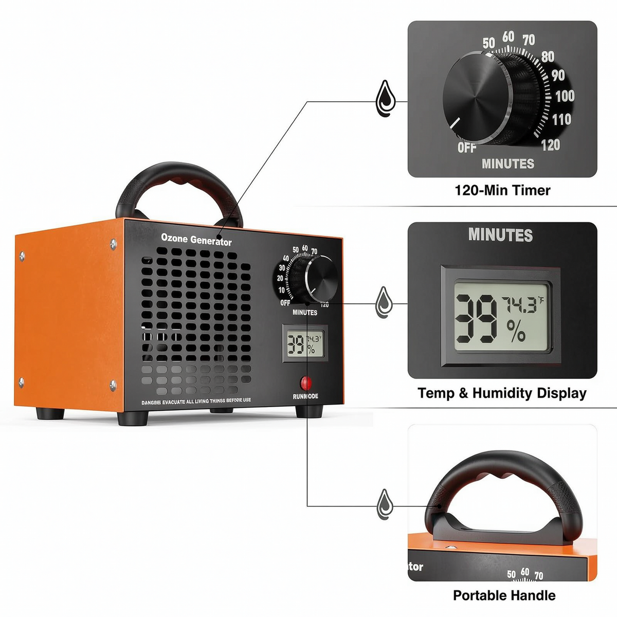 Yolispa Portable Ozone Generator 60,000mg/h Ozone Machine Air Purifier with 120 Min Timer Temp/Humidity Display, Odor Eliminator for Home Car Basement Pet Smoke Smell Removal,Orange