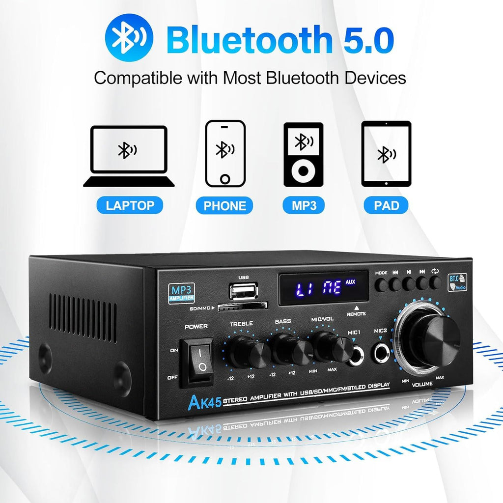 Yolispa Stereo Amplifier Receiver, Wireless Bluetooth Stereo Power Amplifier,AK45 Stereo Audio Amplifier Receiver 2 Channel,HiFi Power Amplifier Home Theater Stereo Receiver for Home Speaker