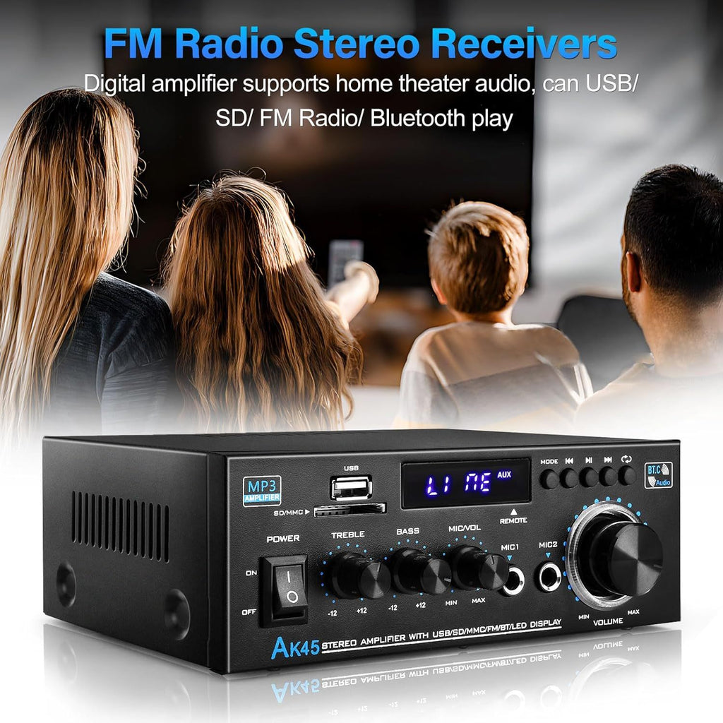 Yolispa Stereo Amplifier Receiver, Wireless Bluetooth Stereo Power Amplifier,AK45 Stereo Audio Amplifier Receiver 2 Channel,HiFi Power Amplifier Home Theater Stereo Receiver for Home Speaker