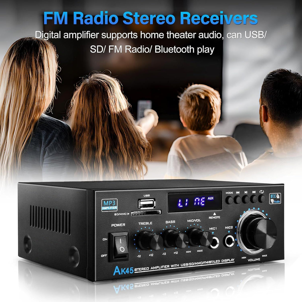 Yolispa Stereo Amplifier Receiver, Wireless Bluetooth Stereo Power Amplifier,AK45 Stereo Audio Amplifier Receiver 2 Channel,HiFi Power Amplifier Home Theater Stereo Receiver for Home Speaker