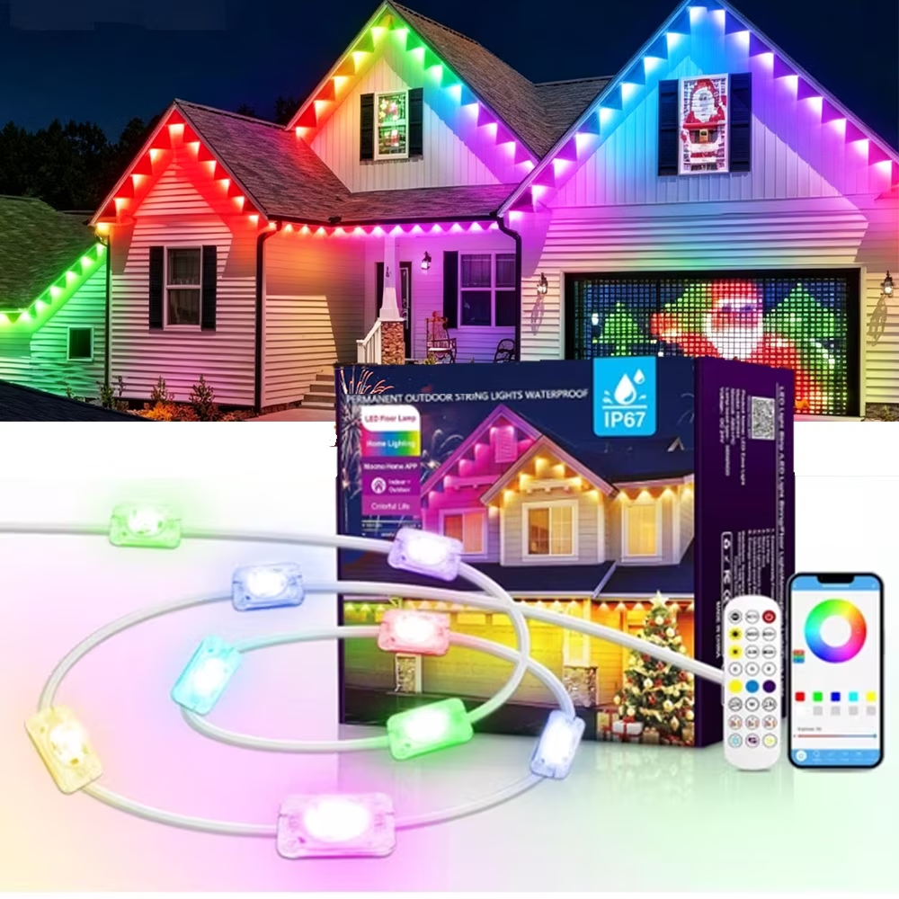 Yolispa 200ft Permanent Outdoor Lights RGBIC Smart Eave Lights, IP67 Waterproof App/Remote Control LED String for Patio Holiday Party, IC Control and Scene Modes for Halloween Christmas Decor
