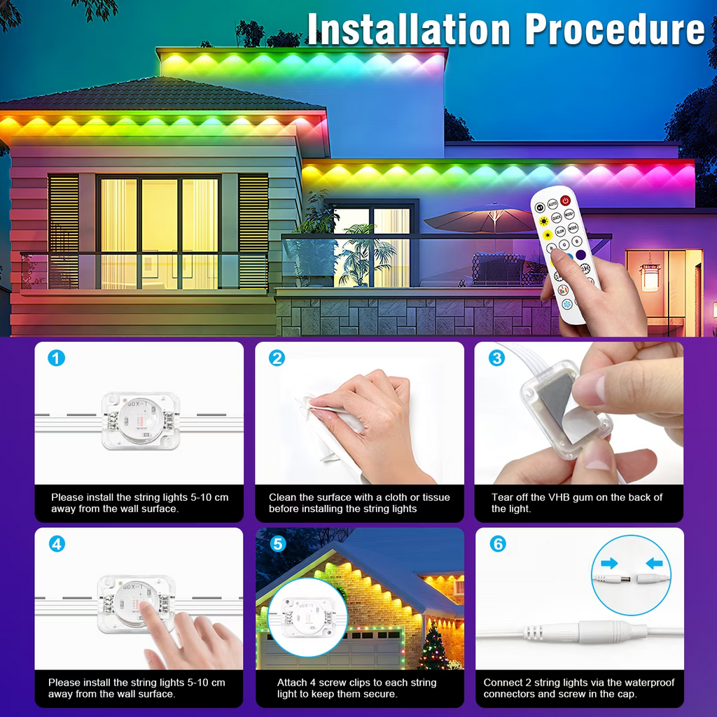 Yolispa 200ft Permanent Outdoor Lights RGBIC Smart Eave Lights, IP67 Waterproof App/Remote Control LED String for Patio Holiday Party, IC Control and Scene Modes for Halloween Christmas Decor
