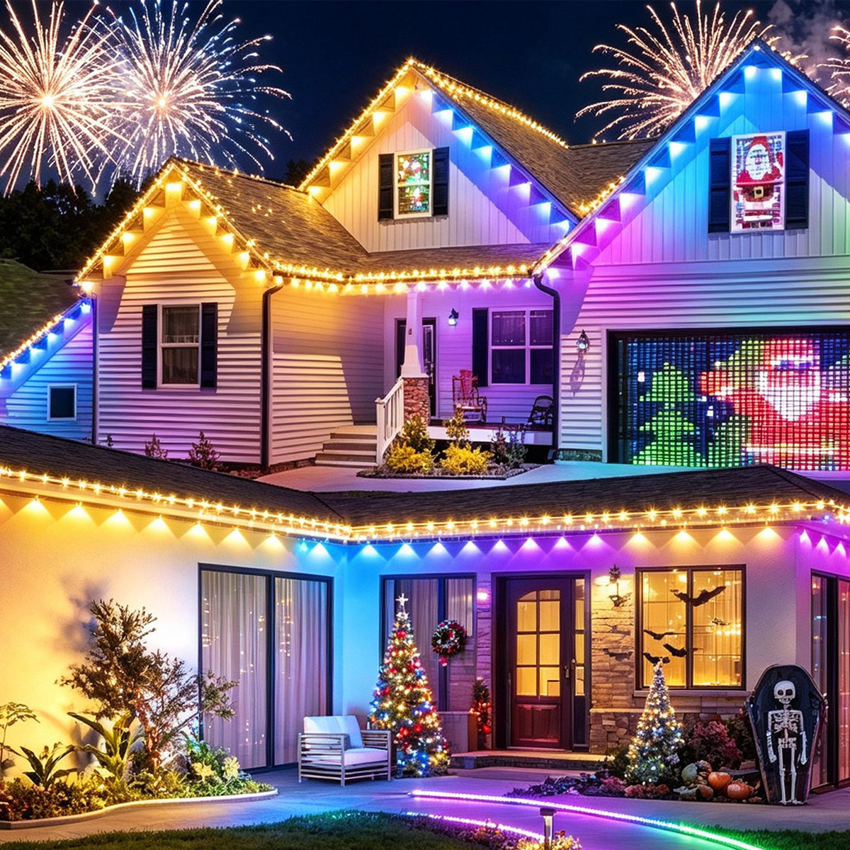 Yolispa 200ft Permanent Outdoor Lights RGBIC Smart Eave Lights, IP67 Waterproof App/Remote Control LED String for Patio Holiday Party, IC Control and Scene Modes for Halloween Christmas Decor