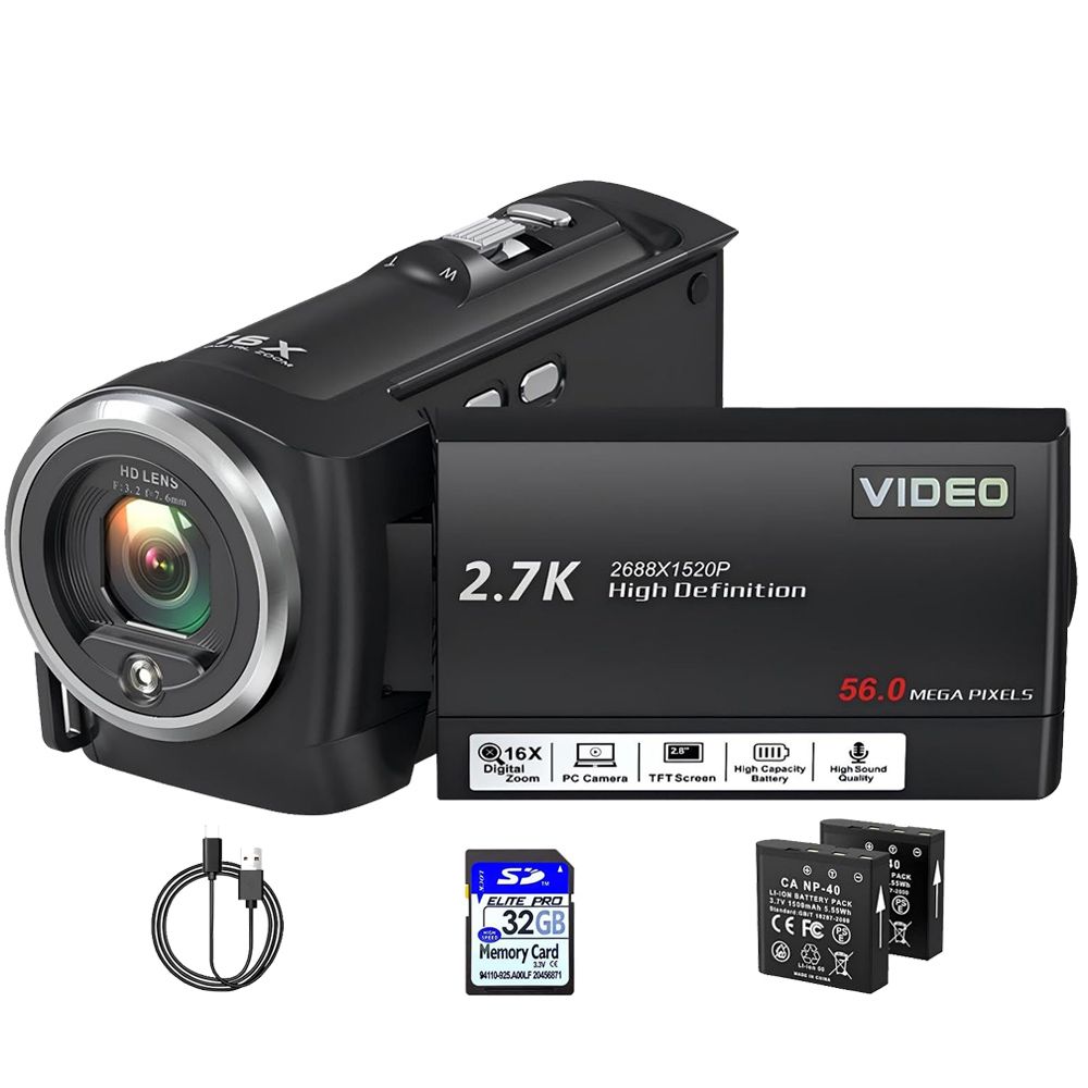 Yolispa 2.7K Video Camera Camcorder, 56MP Digital Vlogging Camera with 16X Zoom, Webcam Mode, 270° Rotatable Screen, 2 Batteries & 32GB SD Card for Travel YouTube Live Streaming