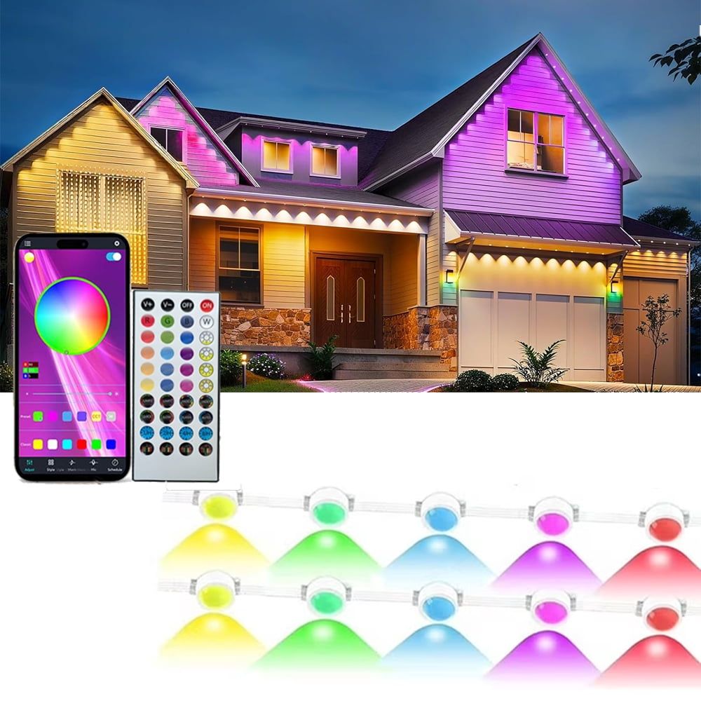 Yolispa 50FT Permanent Outdoor Lights for House, IP67 Waterproof Smart RGB Eaves String Lights with App/Remote Control, 25 RGB LED String Lights for Roof Patio Eave Party Decor