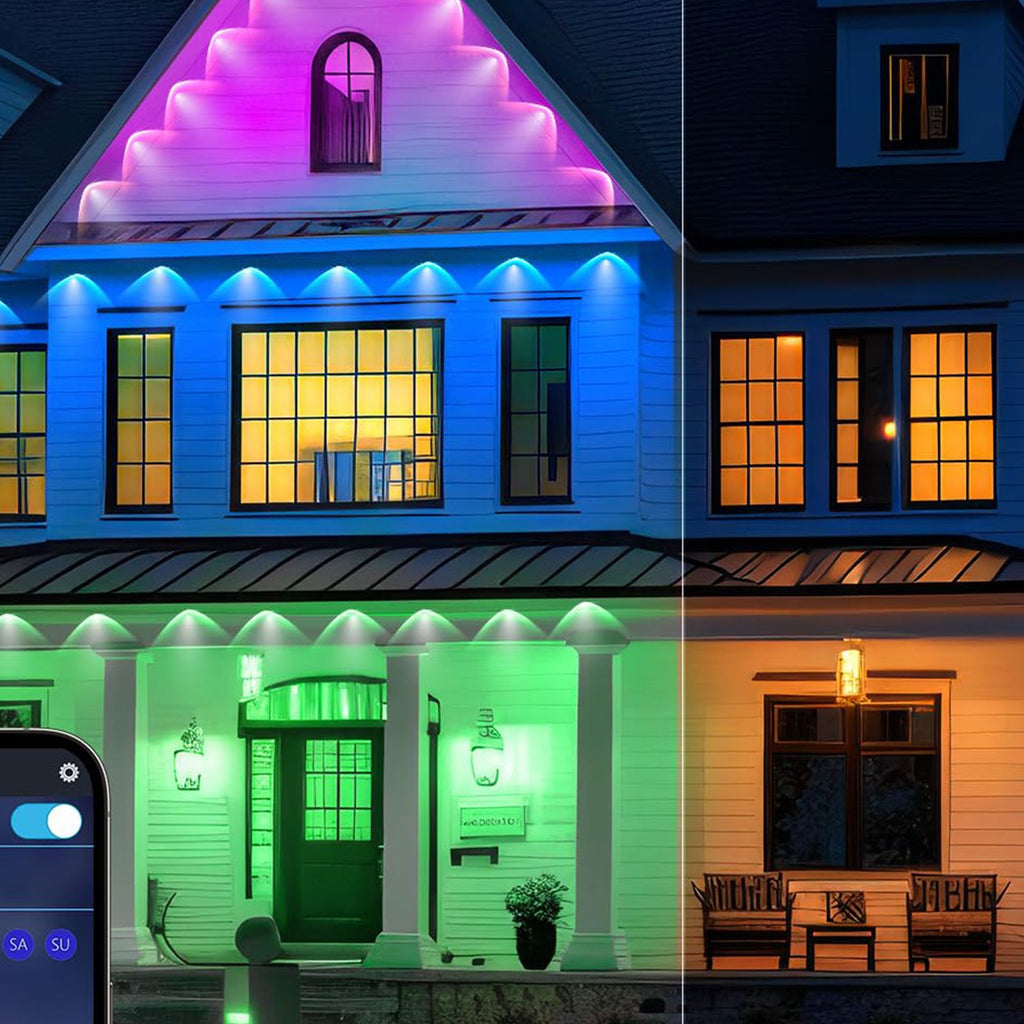 Yolispa 50FT Permanent Outdoor Lights for House, IP67 Waterproof Smart RGB Eaves String Lights with App/Remote Control, 25 RGB LED String Lights for Roof Patio Eave Party Decor
