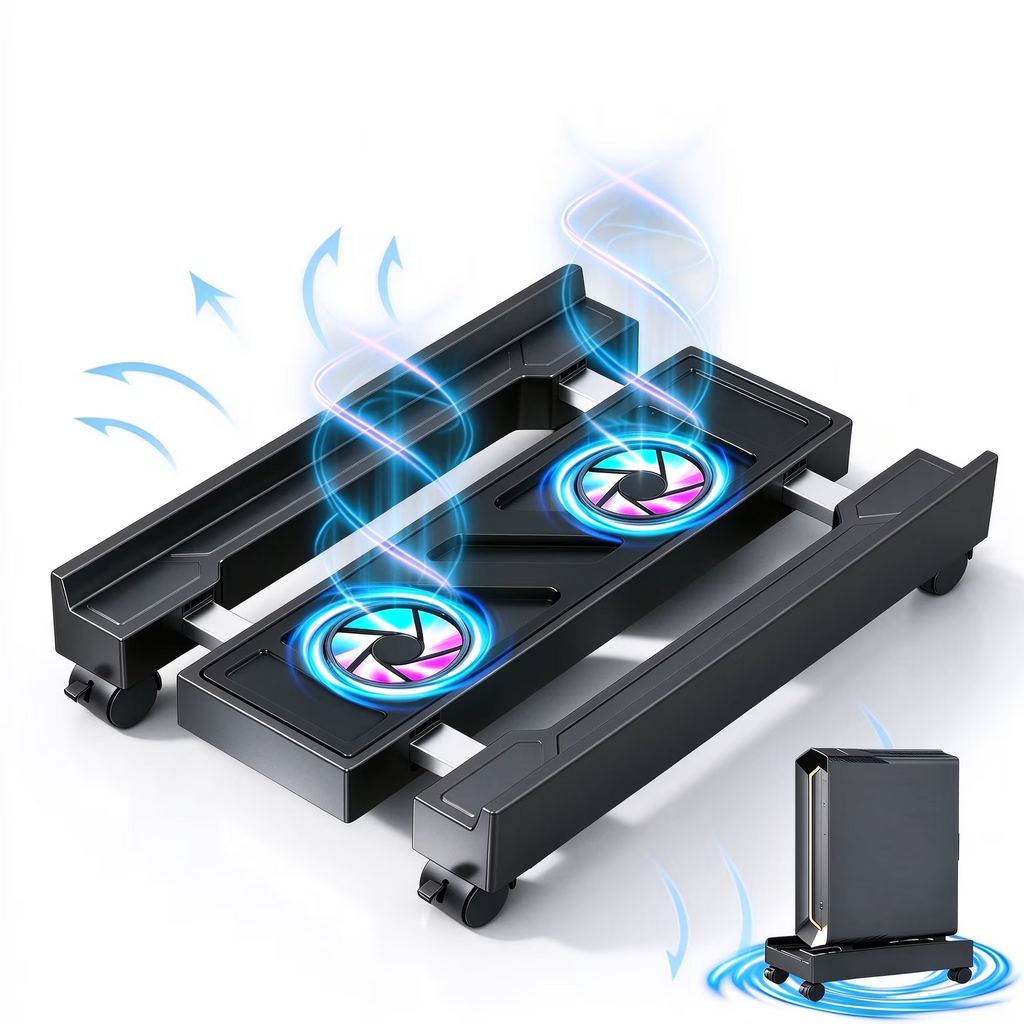 Yolispa Adjustable Computer Tower Stand with Cooling Fan, Mobile CPU Stand with 4 Rolling Casters, Under Desk CPU Holder PC Floor Cart PC Riser for Office,Gamers and Students