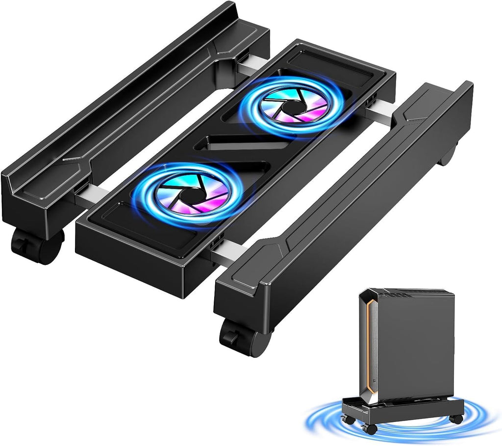 Yolispa Adjustable Computer Tower Stand with Cooling Fan, Mobile CPU Stand with 4 Rolling Casters, Under Desk CPU Holder PC Floor Cart PC Riser for Office,Gamers and Students