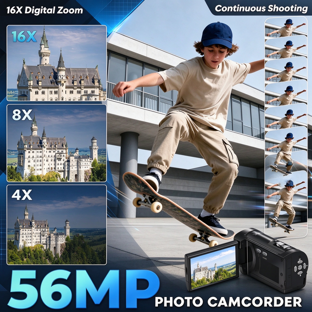 Yolispa 2.7K Video Camera Camcorder, 56MP Digital Vlogging Camera with 16X Zoom, Webcam Mode, 270° Rotatable Screen, 2 Batteries & 32GB SD Card for Travel YouTube Live Streaming