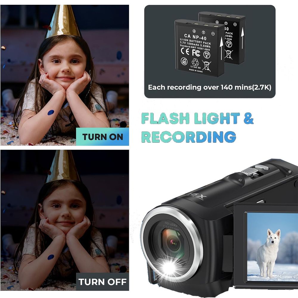 Yolispa 2.7K Video Camera Camcorder, 56MP Digital Vlogging Camera with 16X Zoom, Webcam Mode, 270° Rotatable Screen, 2 Batteries & 32GB SD Card for Travel YouTube Live Streaming