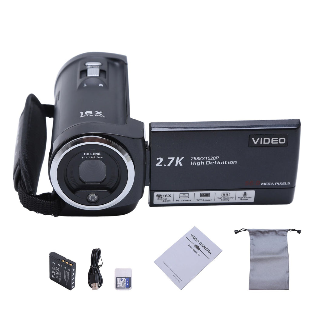 Yolispa 2.7K Video Camera Camcorder, 56MP Digital Vlogging Camera with 16X Zoom, Webcam Mode, 270° Rotatable Screen, 2 Batteries & 32GB SD Card for Travel YouTube Live Streaming