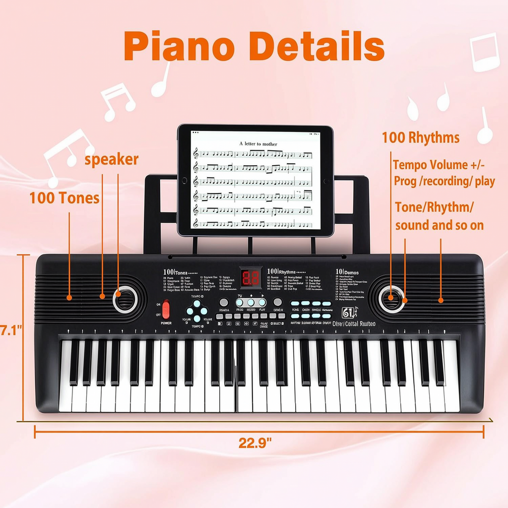 Yolispa 61 Key Keyboard Piano for Kids Beginners, Portable Electronic Digital Piano with Built-in Microphone, Sheet Music Stand & Power Adapter, 100 Tones & Rhythms, Recording Function, Perfect Gift