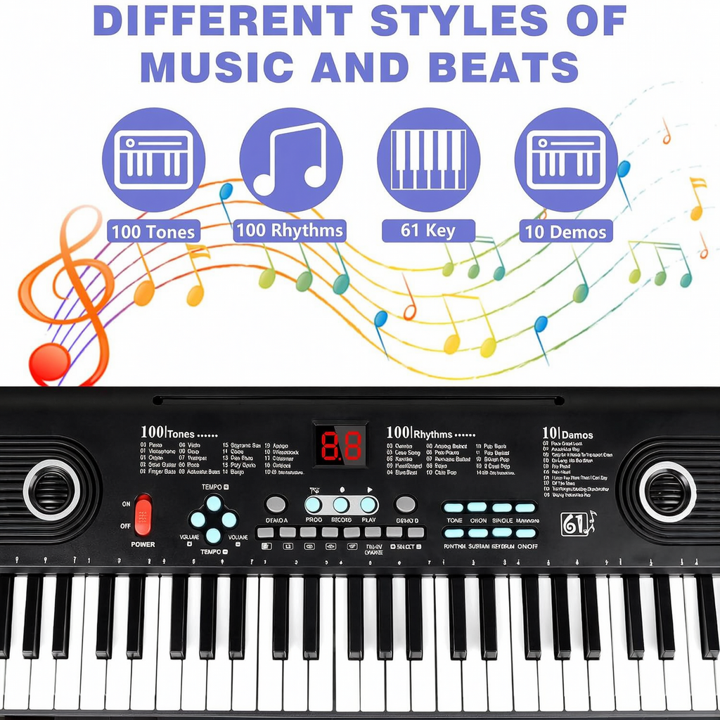 Yolispa 61 Key Keyboard Piano for Kids Beginners, Portable Electronic Digital Piano with Built-in Microphone, Sheet Music Stand & Power Adapter, 100 Tones & Rhythms, Recording Function, Perfect Gift