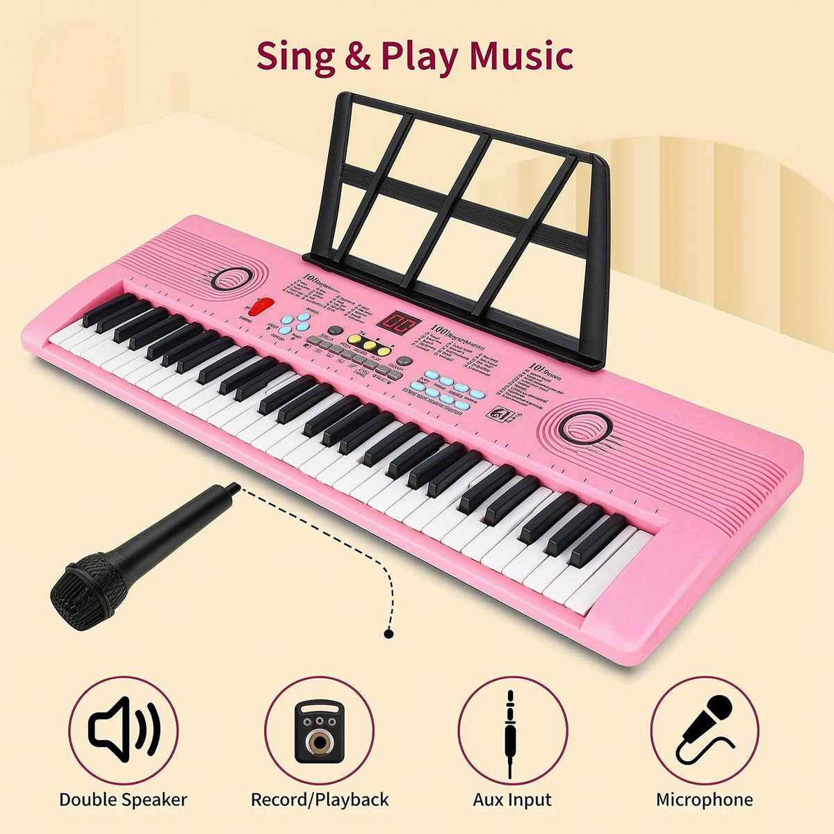Yolispa 61 Key Keyboard Piano, Electronic Digital Piano with Built-In Speaker Microphone& Dual Speakers, Sheet Music Stand & Power Adapter, Portable Piano Keyboard for Beginners Kids & Adults