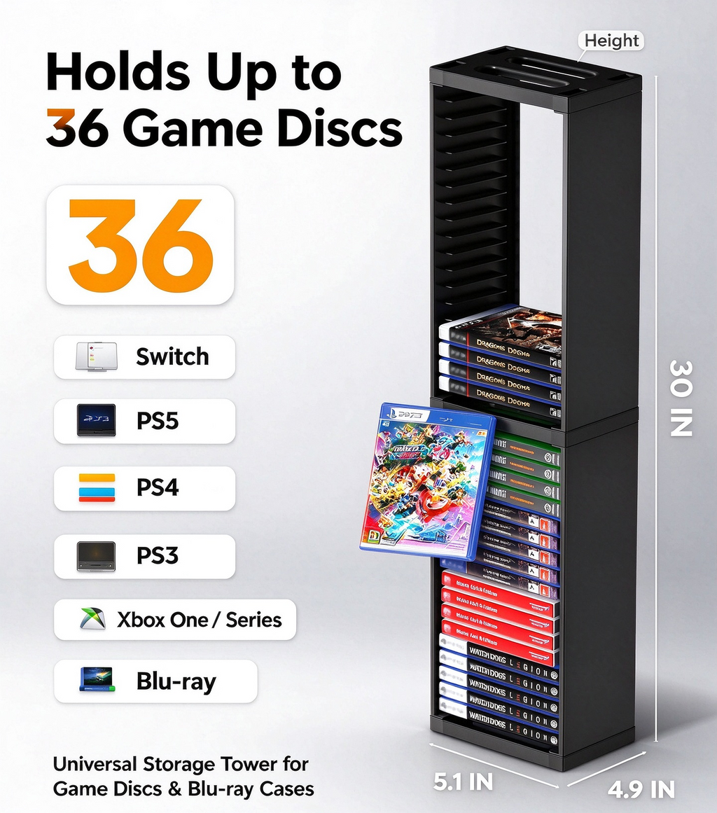 Dekrysova Universal Game Storage Tower – Stores 36pcs Video Game Discs, Game Holder Rack for PS5/ PS4/ PS3/ Xbox Series S, Universal Game Disc Holder