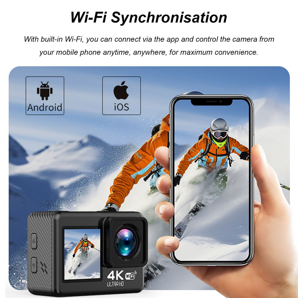 Yolispa 4K Action Camera, 30fps Ultra HH Video 20MP Photo EIS Stabilization, WiFi App Control,170° Wide Angle, Waterproof 30M Underwater Camera with Accessories Kit